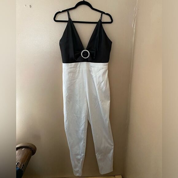 NBD Quenby Jumpsuit Black & Ivory satin bow accent one piece party Revolve L - Picture 7 of 13
